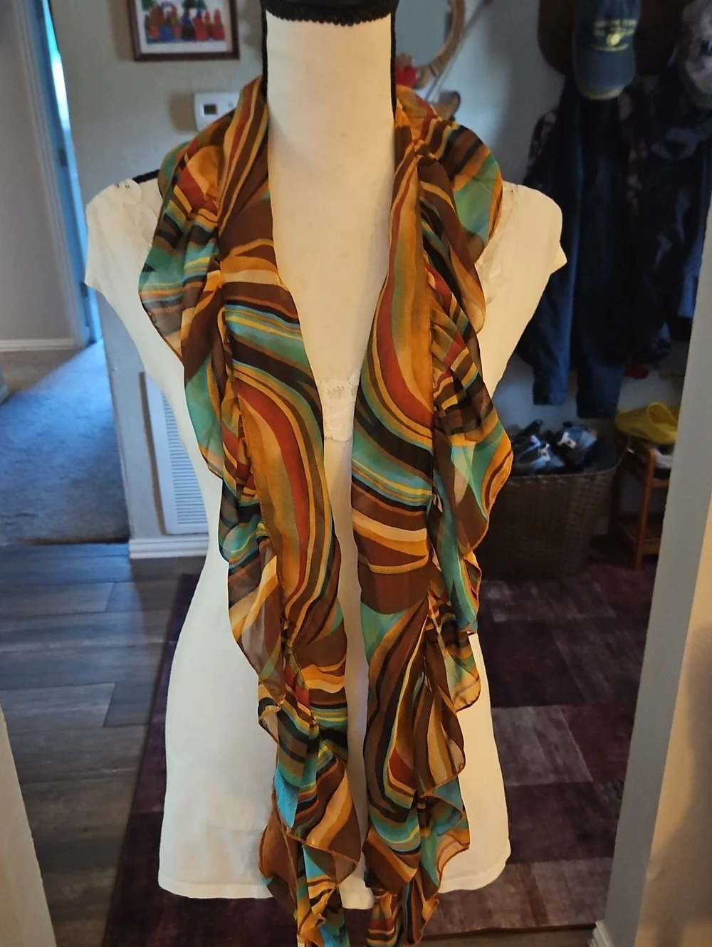 Vintage Retro Mod Striped Chiffon Ruffle Scarf in Teal and Brown